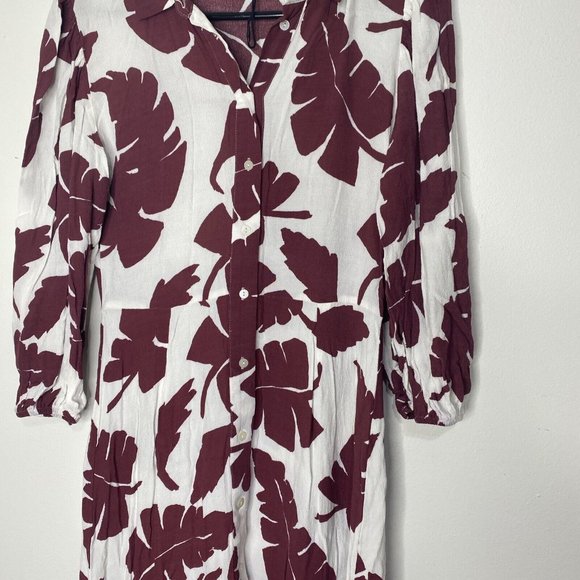 Zara Maxi Dress Size S Maroon White Floral Button Front 3/4 Sleeve Ruffle Hem - Picture 3 of 6